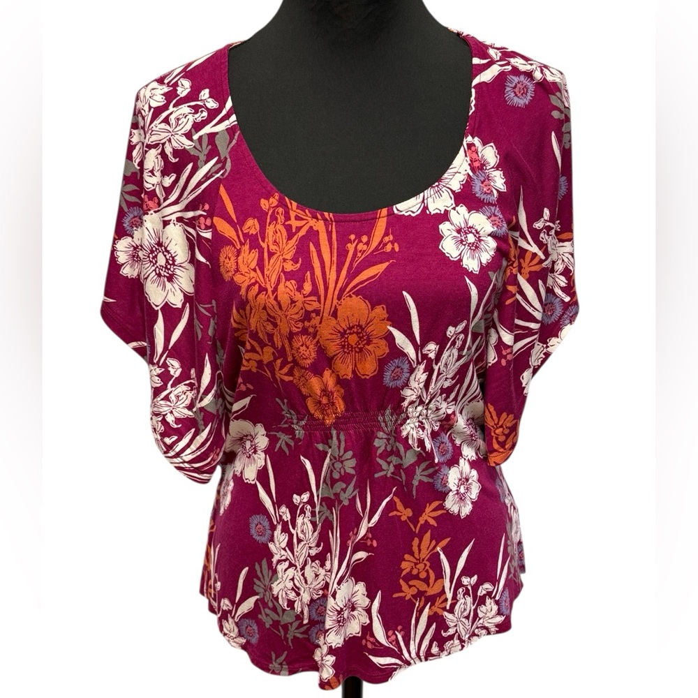 Sonoma Flutter Sleeve Blouse in Dark Pink and Orange Relaxed Fit Floral Vibrant